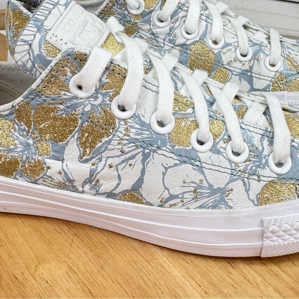 Converse Pat Bo Chuck Taylor Ox Floral Embroidered Leather Sneakers Blue Gold 8 - Picture 7 of 11